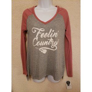 "Feeling Country" Baseball tee shirt top Women's XS Heather Gray/Rose L/S NWT
